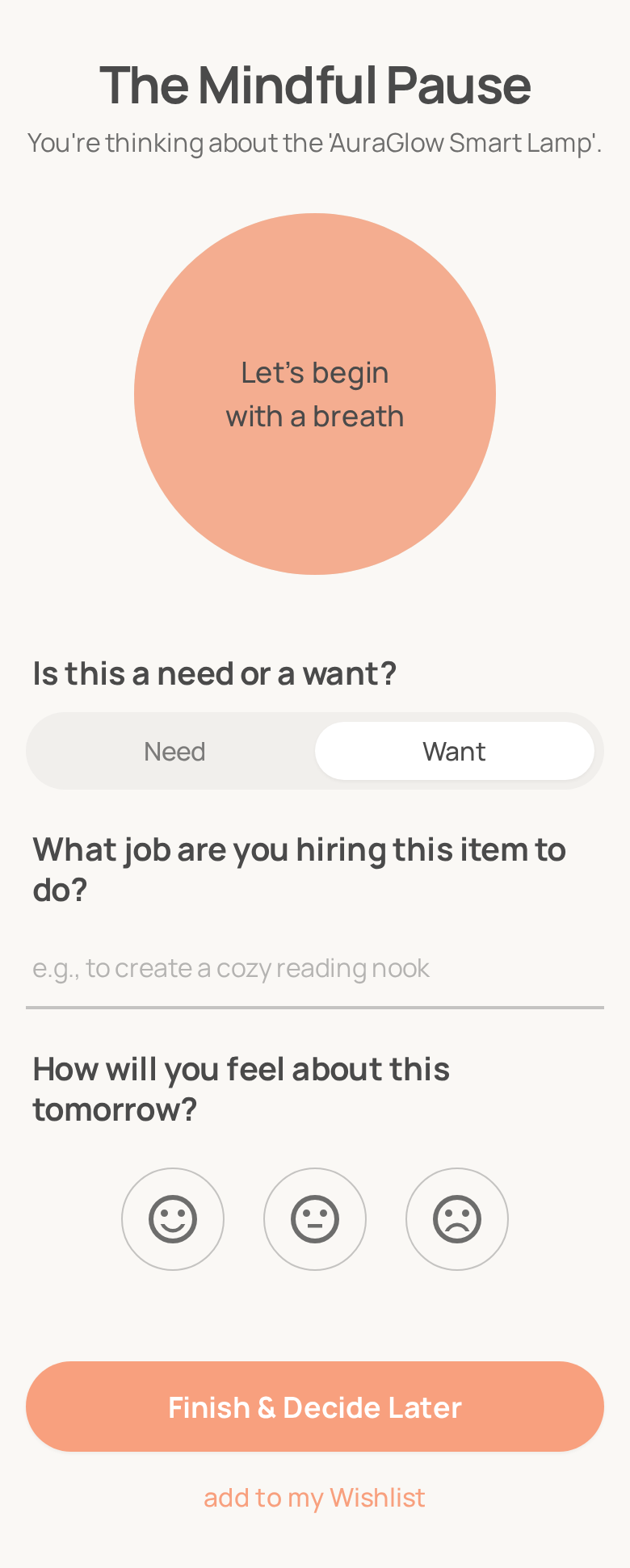 Mindful pause screen with guided questions