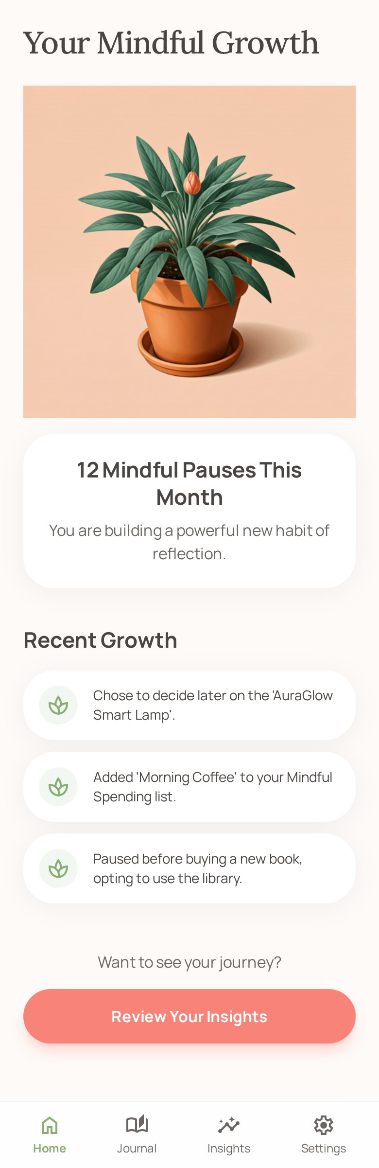 Growth tracking screen showing mindful progress